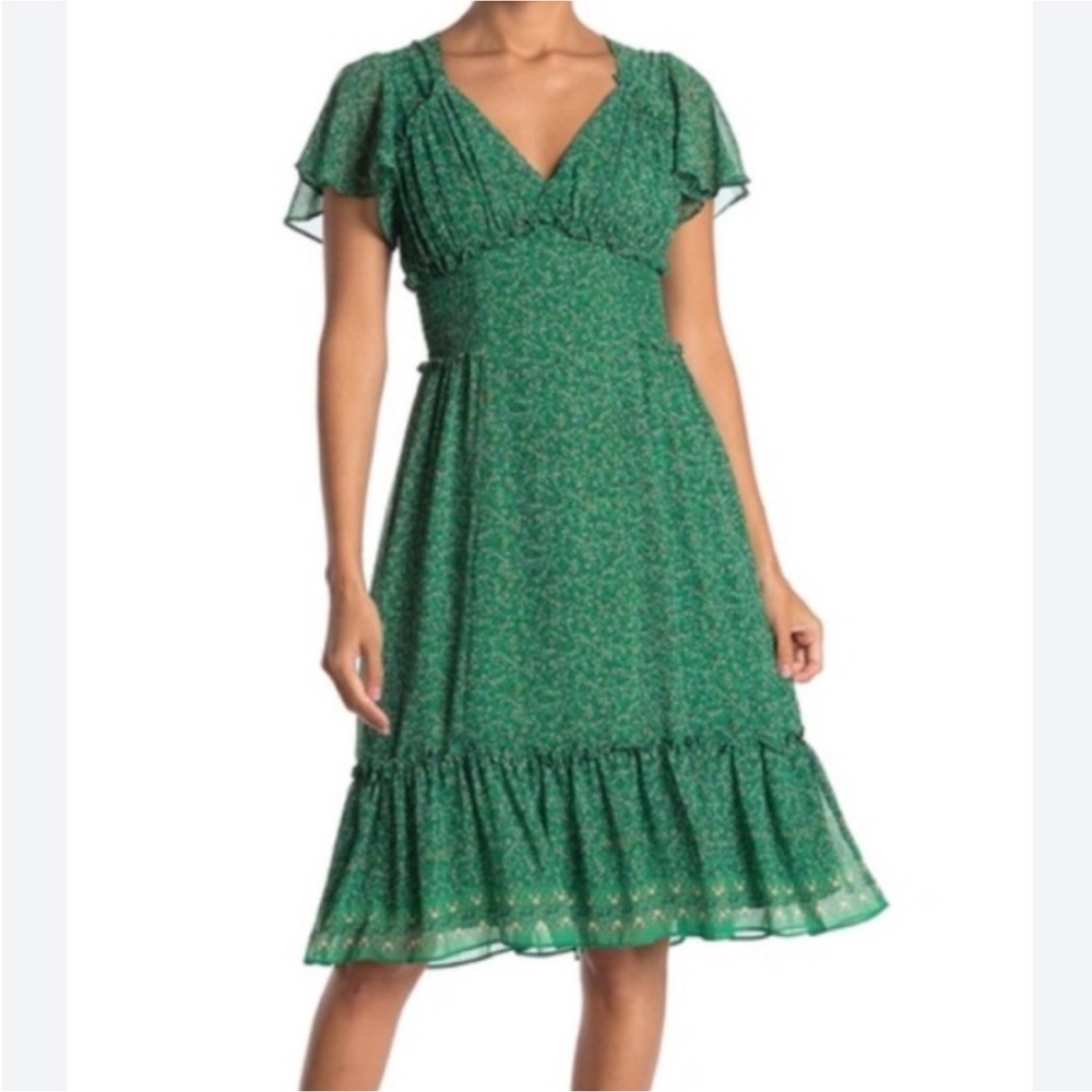 Max Studio Green Ditsy Floral Flutter Sleeve Ruffle Midi Dress Medium - Picture 2 of 6